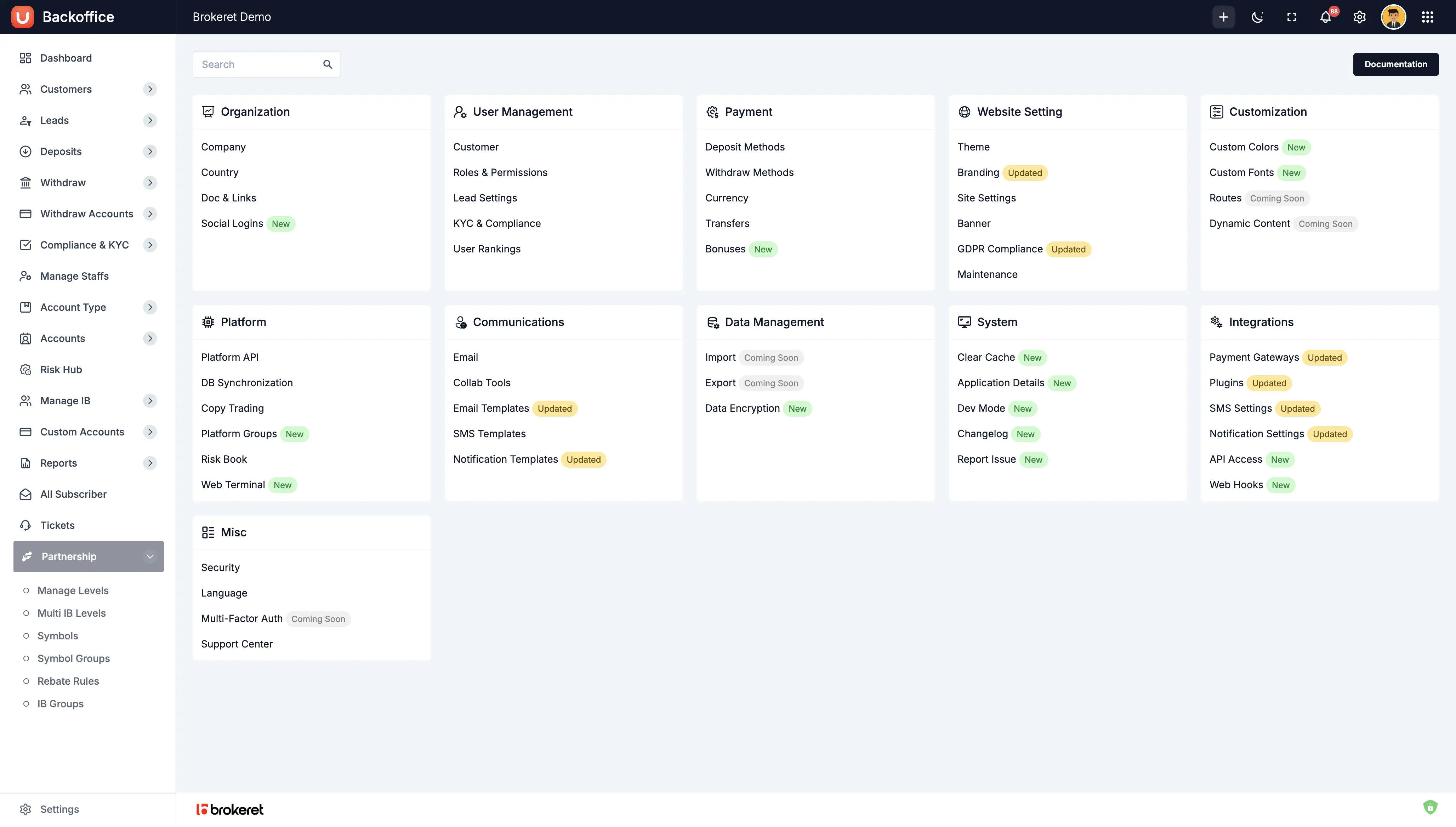 Forex CRM Backoffice Settings Dashboard - Configure trading platform settings, payment methods, and system preferences for comprehensive broker management