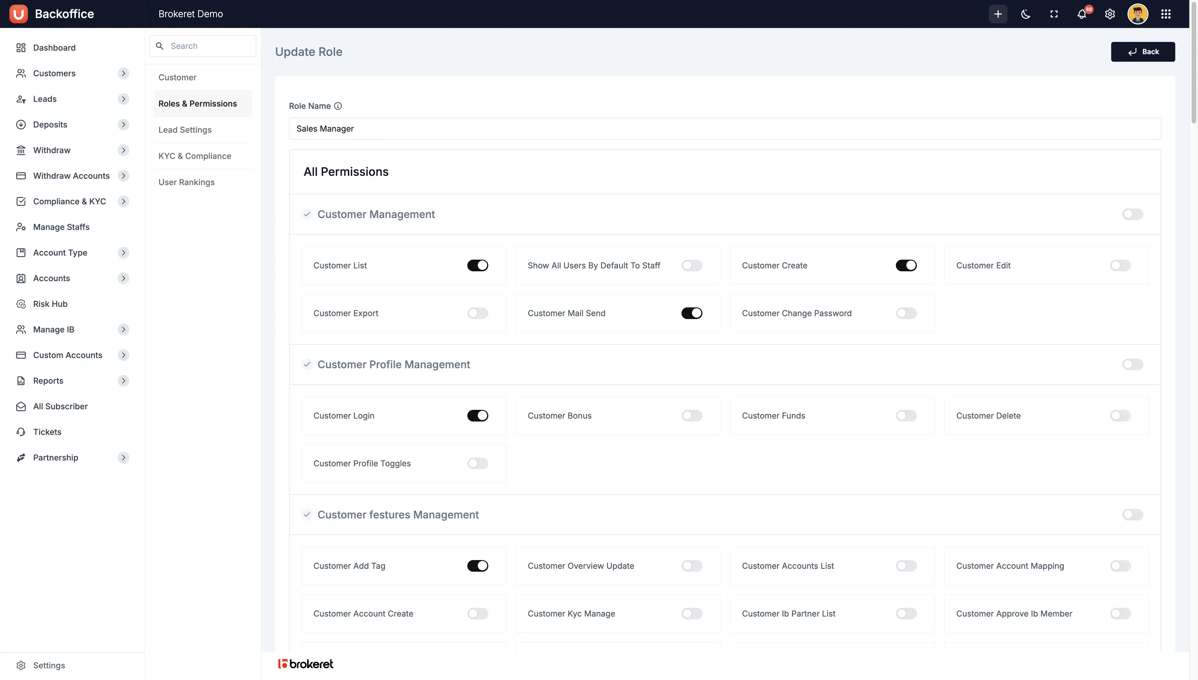 Forex CRM Roles and Permissions Management - Configure user access levels, staff permissions, and administrative privileges for secure multi-user forex brokerage operations