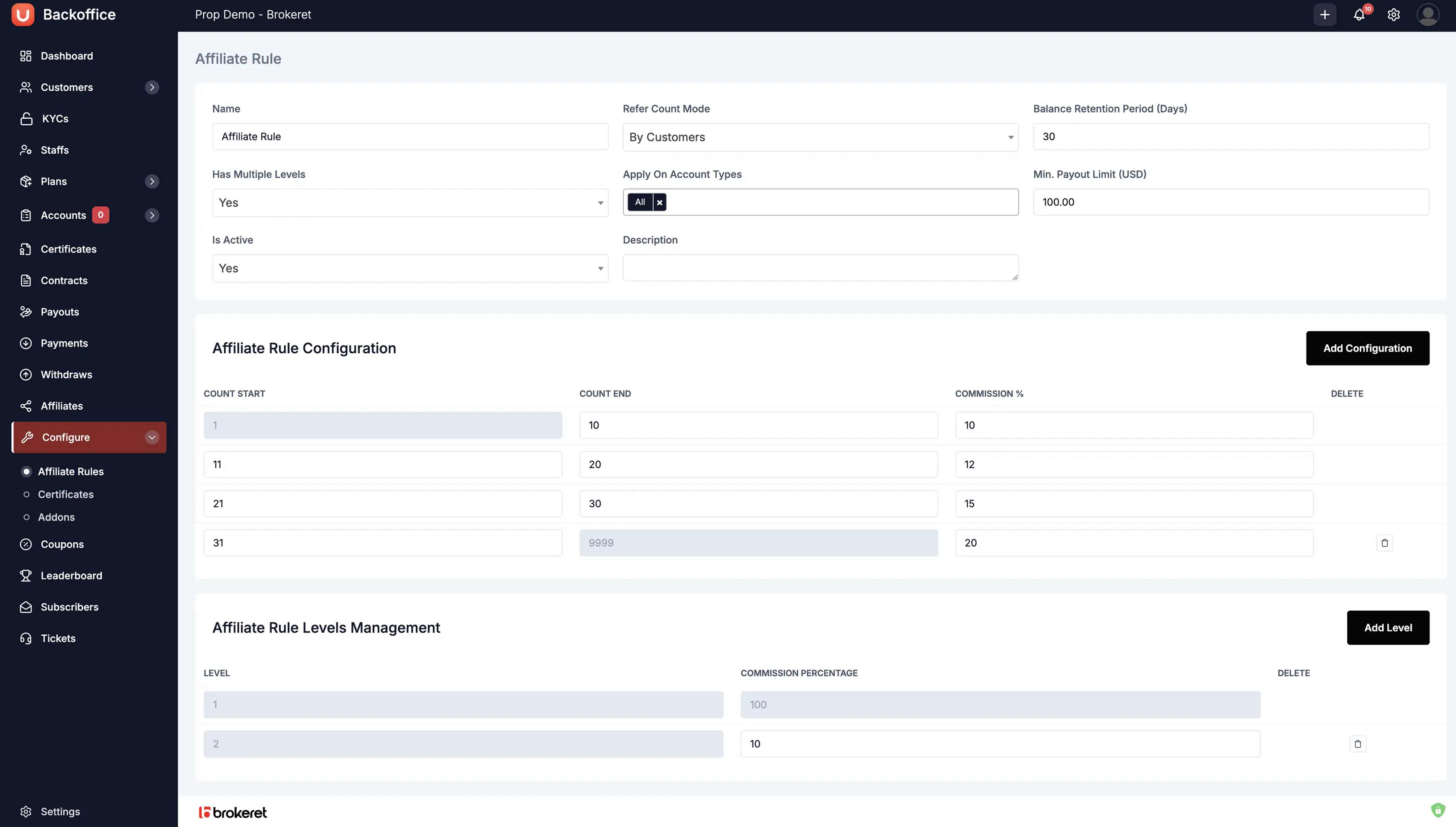 Prop Trading CRM Affiliate Manager - Complete affiliate program management with commission tracking, partner onboarding, and referral analytics